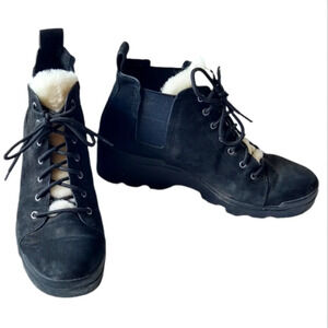 Eileen Fisher black suede leather and fleece Wedge boots booties shoes